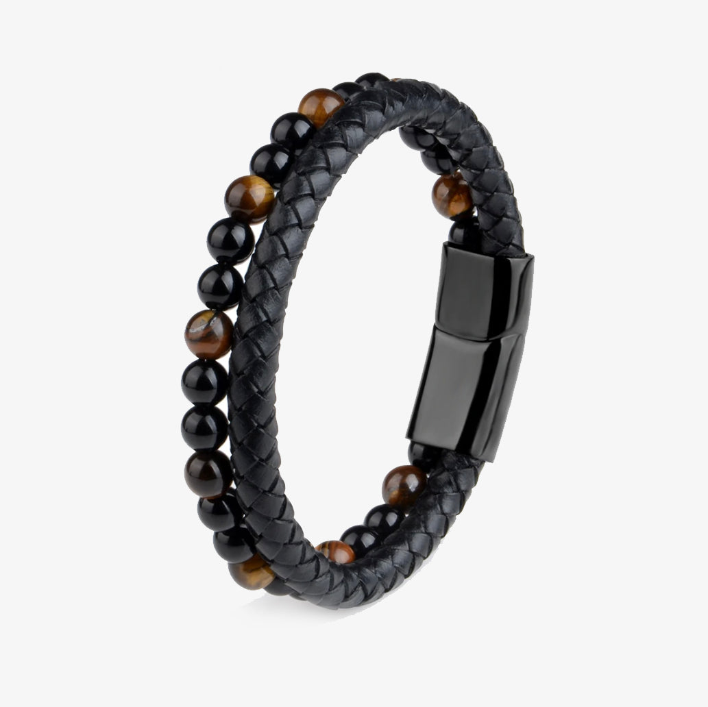 Tiger's Eye Stone Bracelet with Black Leather