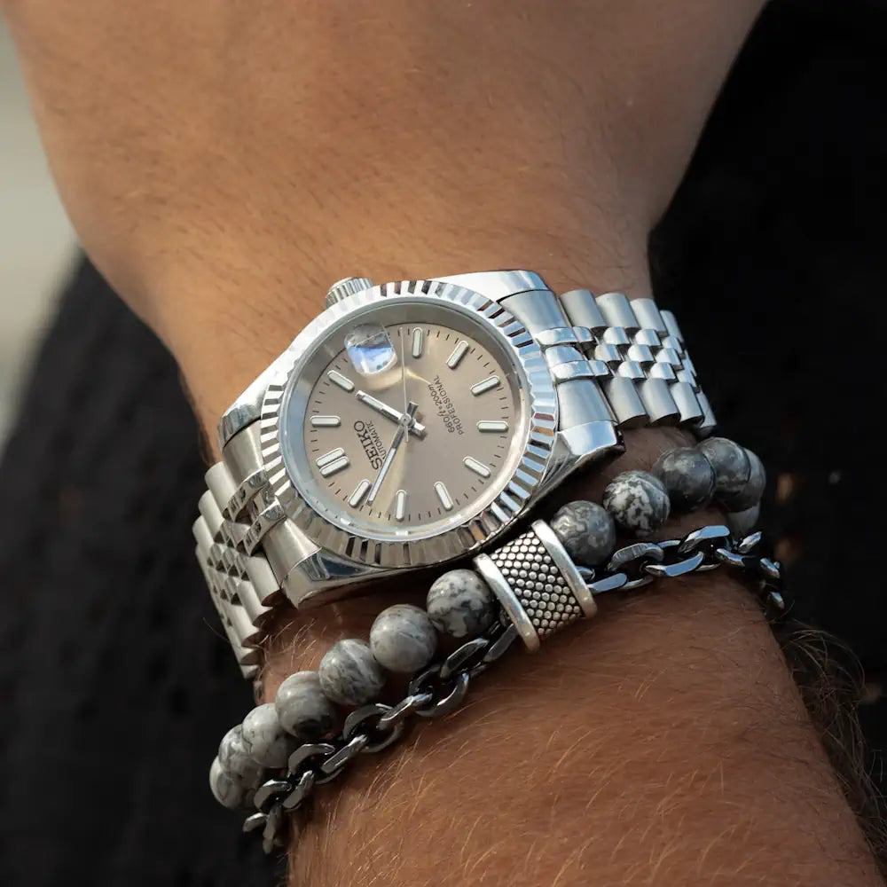 Grey Silver Marble Stone Bracelet with Steel Chain